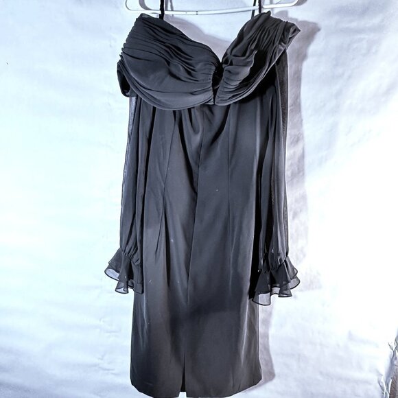 Saks Fifth Avenue AJ Bari Dress Chiffon Size 10 Sheer Ruched Cold Shoulder Black - Picture 9 of 9